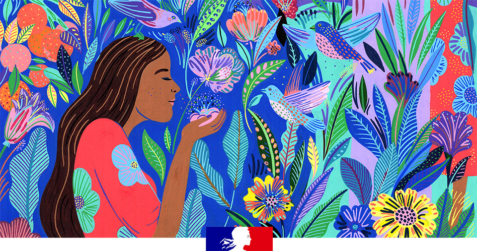 Peinture représentant une femme dans un jardin, humant le parfum d'une fleur
