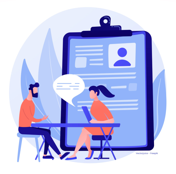 compo graphique de deux personnes en entretien pour un emploi avec en fond un cv 