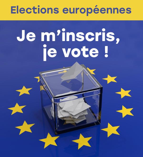 urne avec bulletins de vote sur fond bleu avec les etoiles du logo de l'union européenne et la mention "Je m'inscris, je vote !" 