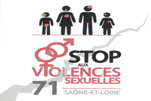 Affiche de sensibilisation contre les violences sexuelles, il y a une famille avec des points rose sur leurs parties intimes et le texte "STOP au violences sexuelles"