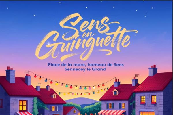écriture: sens en guinguette, Place de la mare, hameau de Sens, Sennecey-le-Grand, graphique d'un village éclairé avec des guirlandes