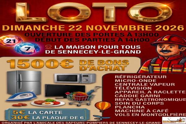 affiche pour le loto, il y a un pompier sur le côté avec des numéros de tirage
