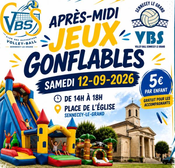 dessin de structures de jeux gonflables devant l'église paroissiale