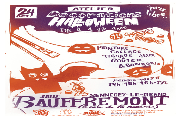 affiche pour un atelier de décoration d'halloween avec l'association PASSTEK, il y a une chauve sourirs=