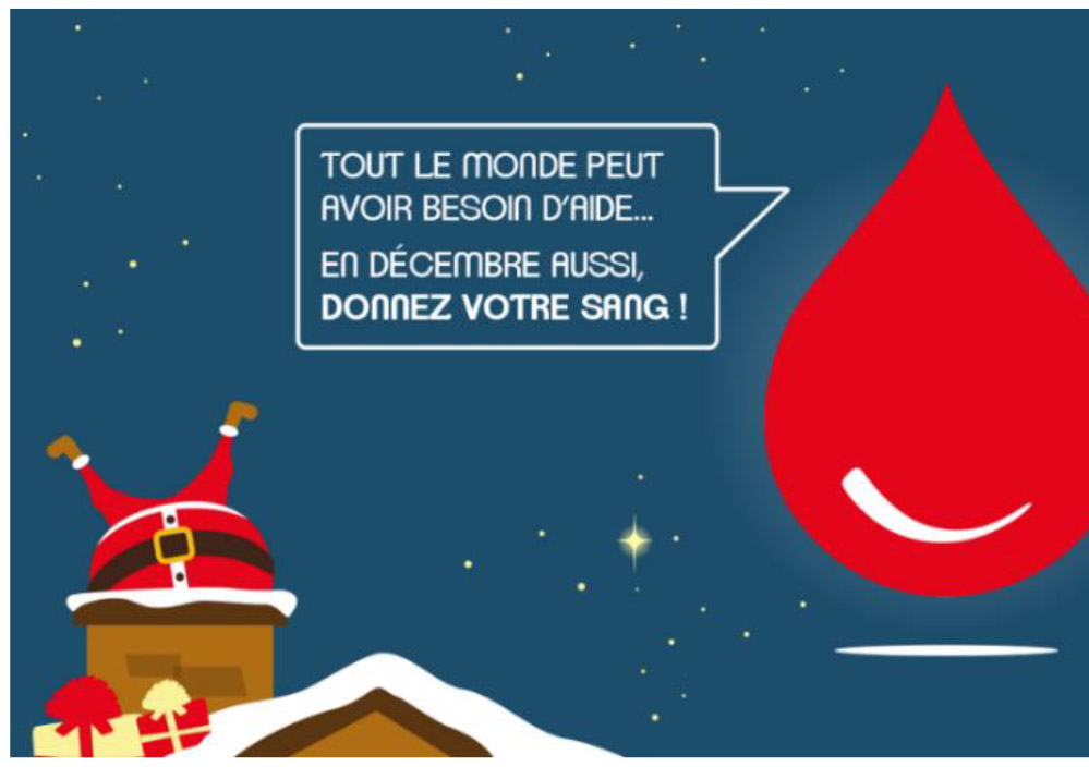 compo graphique avec père noël dans une cheminée et le logo du don du sang